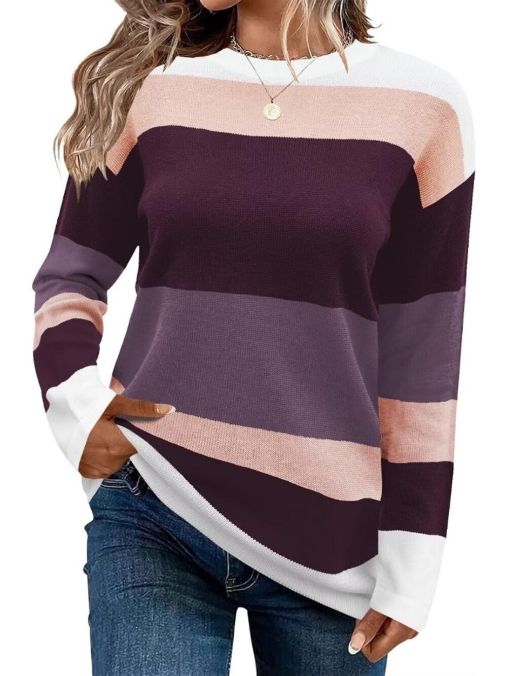 Cute Striped Long Sleeve Sweater Top for Women - Crew Neck, Cozy & Stylish